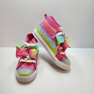 JoJo Siwa Girl's Rainbow Glitter Sneakers | Size 4 | Pink Bow, Laces, High Top